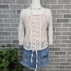 Hollister Lace Blouse Button Front Top Women's M Sheer Popover White Feminine‎